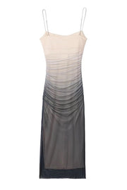 Timeless Sexy Mesh Gradient Ruched Cowl Neck Midi Dress