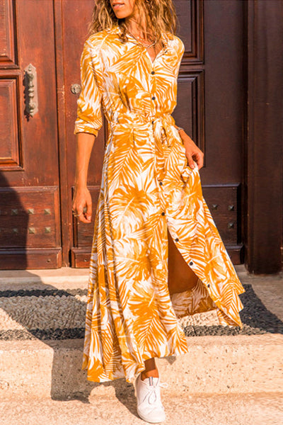 Lapel-collar boho-print single-breasted maxi dress