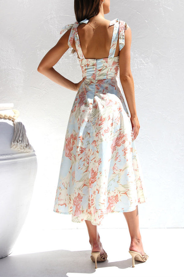 Slim fit slim waist V-neck suspender print mid-length dress