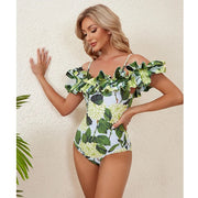 Off Shoulder Printed One Piece Swimsuit and Skirt