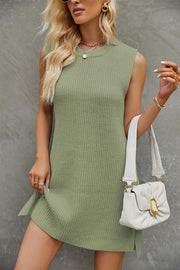 Solid color round neck knitted skirt fashion commuting slit dress