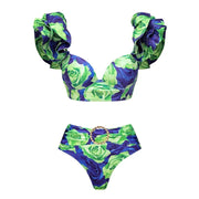 Blue Green Rose Big Ruffle Contrast Print Bikini Swimsuit and Skirt