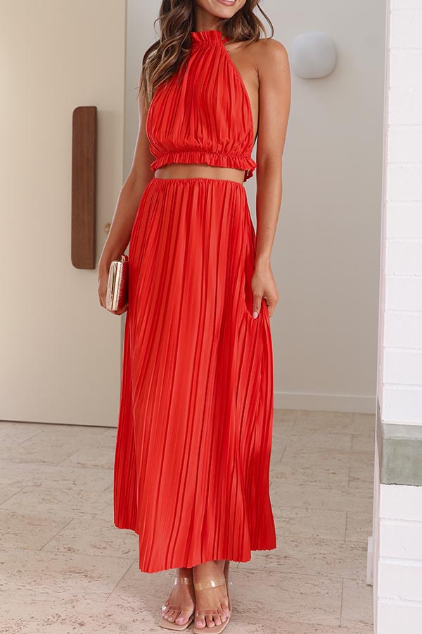 Marilyn Sexy Pleated Tie Halter Neck Backless Tank Dress Two-Piece Set