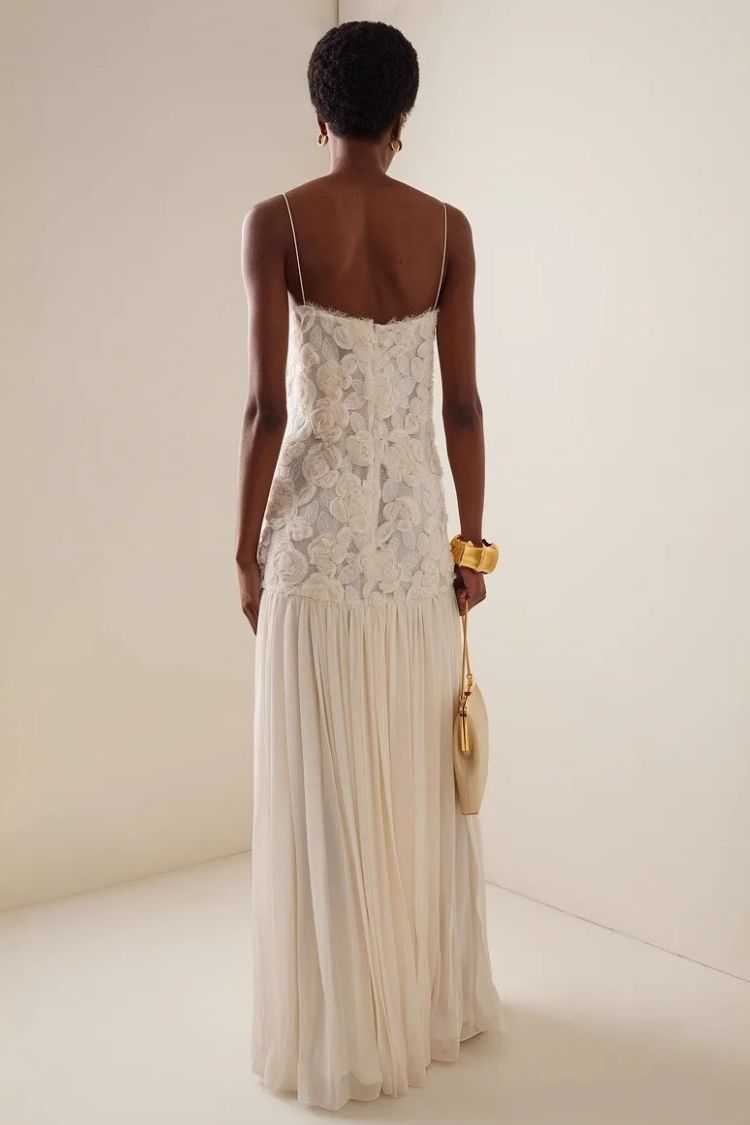 Indulge in Floral Applique Pleated Chiffon Hem Slip Maxi Dress