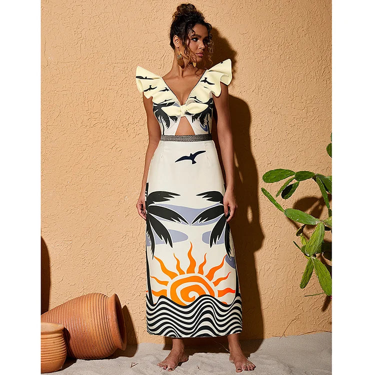 Maillot de bain une pièce à lacets et col en V avec volants et chaîne imprimée 