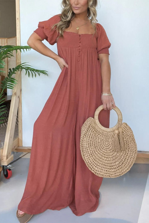 2024 NEW SQUARE NECKLINE JUMPSUIT WITH SMOCKED BODICE BUTTON (BUY 2 FREE SHIPPING)
