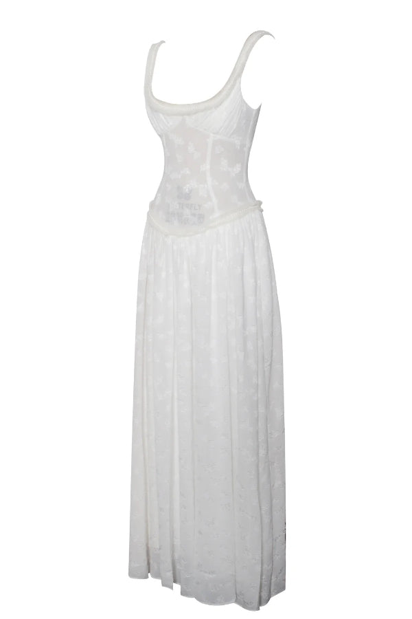 Ulissa – Hellgrünes Maxikleid mit Jacquard-Struktur und quadratischem Ausschnitt und hohem Schlitz