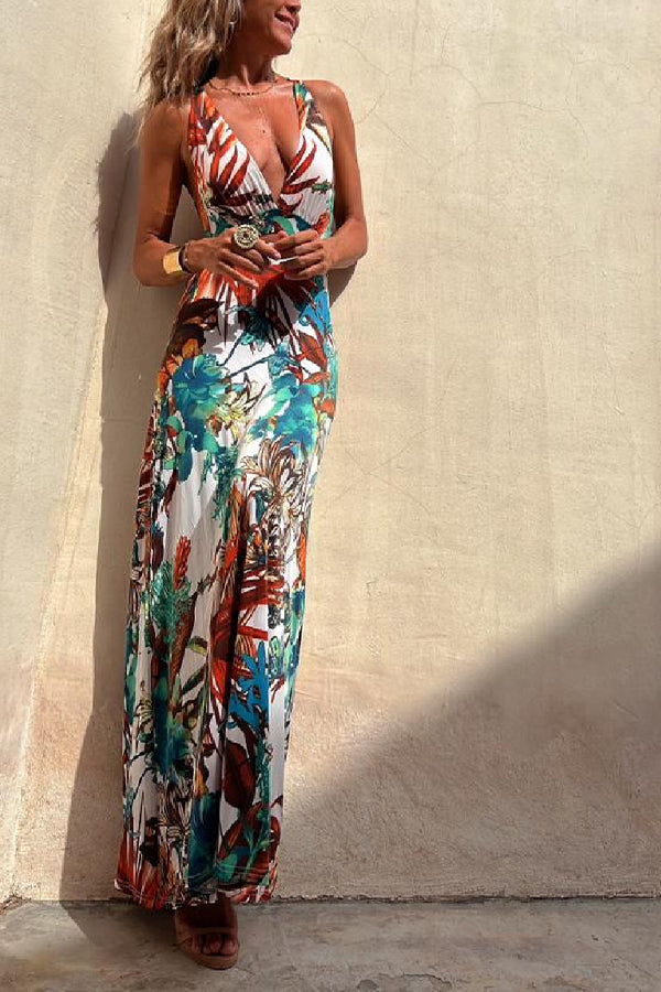 RAINFOREST PARADISE TROPICAL PRINT CUTOUT BACK CROSSOVER STRETCH-MAXIKLEID