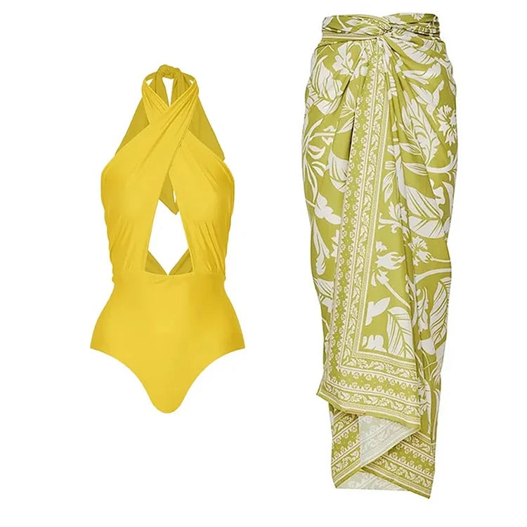 Maillot de bain une pièce et paréo Swimgirls, couleur unie, simple et tendance 