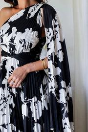 Slay The Evening Pleated Floral Pattern One Shoulder Drape Maxi Dress