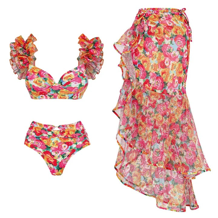 Maillot de bain bikini à volants et bretelles à imprimé floral, double épaisseur, et paréo 