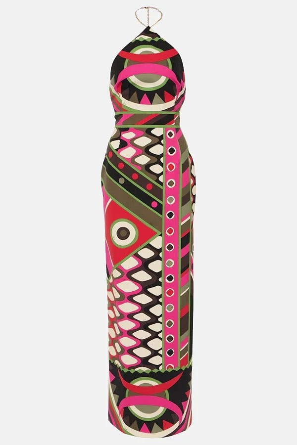 Jiya Unique Print Chain Detail Halter Backless Maxi Dress