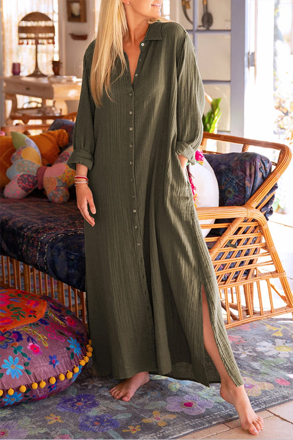 Robe longue ample verte froissée avec poches et fentes latérales