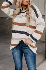 Multicolor Stripes Print Popcorn Drop Shoulder Pullover Sweater