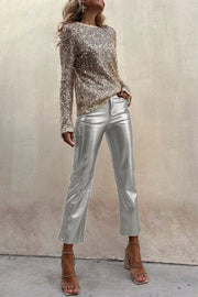 Sinclair Metallic Faux Leather High Rise Pocketed Straight Pants