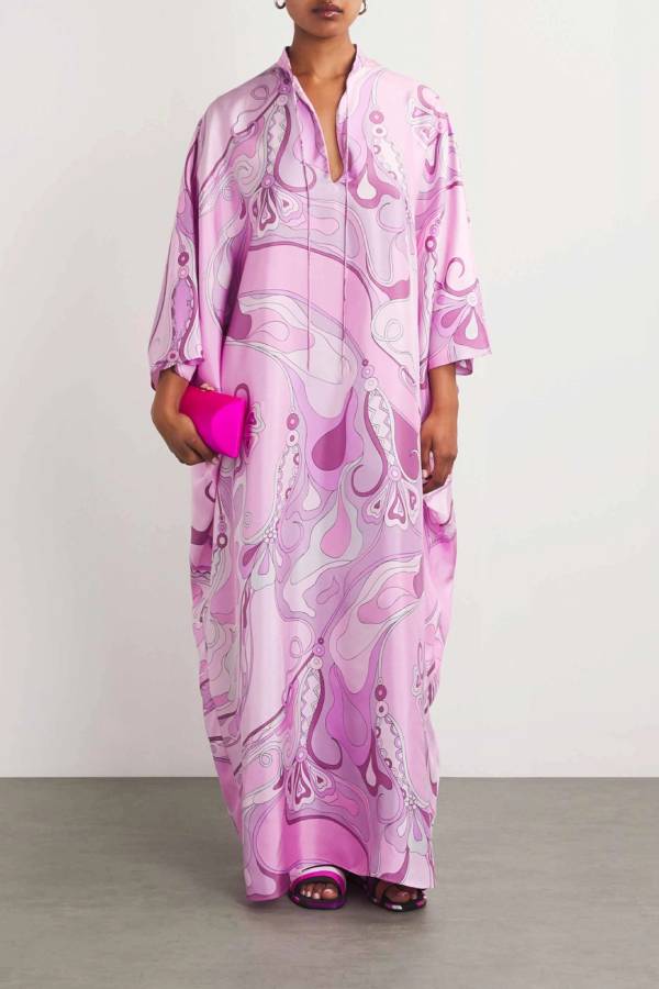 Retro Glam Pink Swirl Print Kaftan Maxi Dress