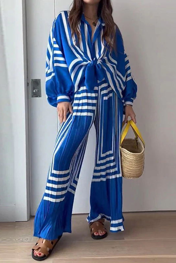 Vacation Chic Attitude Geometric Print Oversized Shirt and Elasticated Wide Leg Pants