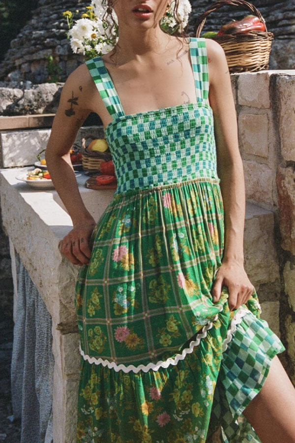 Robe longue à imprimé unique, buste froncé, dos lacé