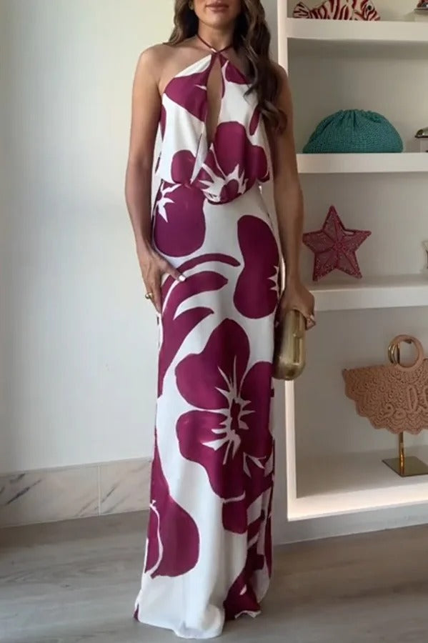 Leslie Flower Print Halter Cutout Cowl Neck Backless Maxi Dress