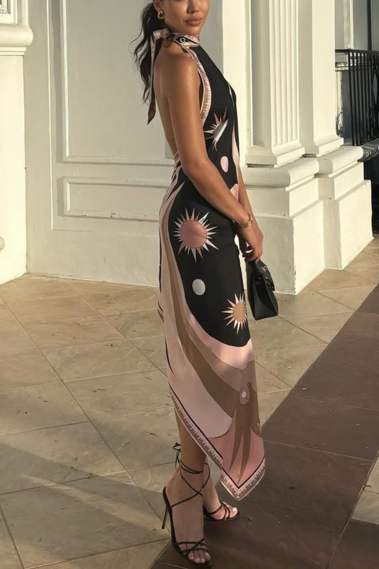 Satin Unique Print Halter Neck Backless Irregular Vacation Midi Dress