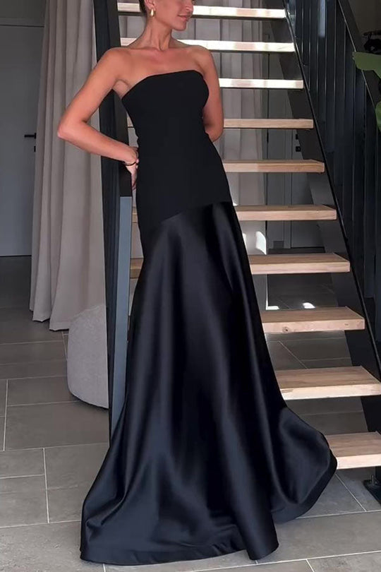 Robe longue évasée bustier en satin patchwork à l'élégance intemporelle