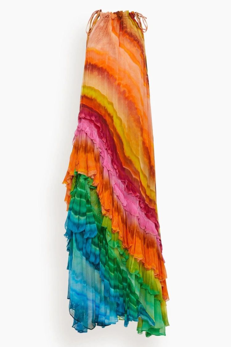 Robe longue trapèze Rosha en crêpe georgette à imprimé tie-dye et volants superposés
