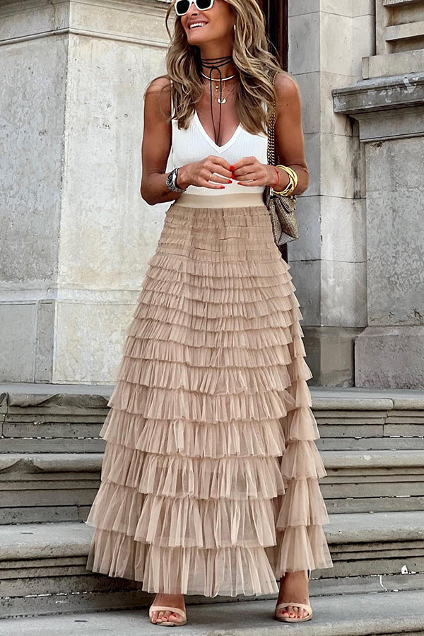 Jupe longue en tulle à taille élastique et à volants Soyez votre propre reine de la ville