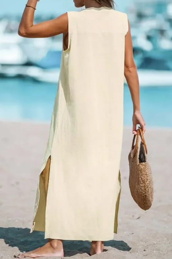 Cotton And Linen Sleeveless Solid Loose V-neck Maxi Dress