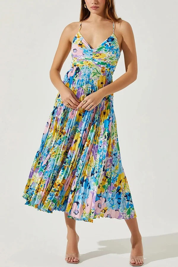 Robe mi-longue plissée à imprimé floral et à nouer dans le dos pour la saison des fêtes de mariage