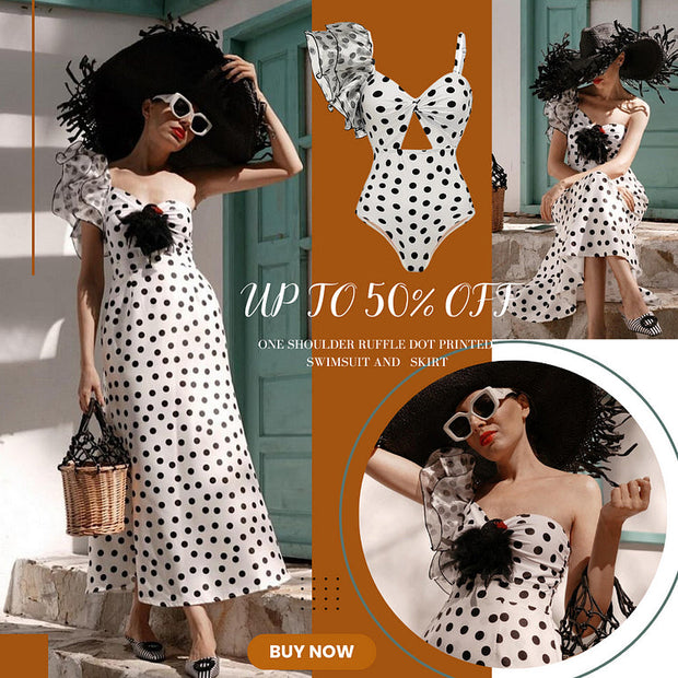 One Shoulder Ruffle Dot Printed Cut Out One Piece Swimsuit and Skirt