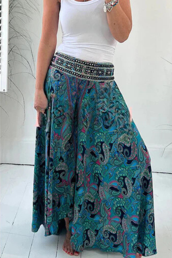 Ethnic Paisley Print Elastic Patchwork Waist Pocketed Lightweight Pants