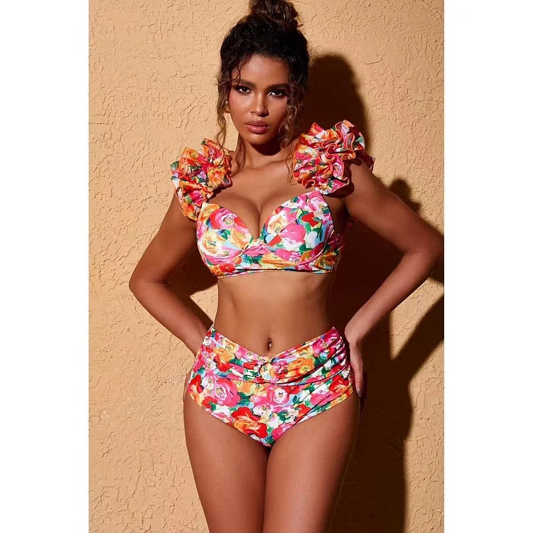 Maillot de bain bikini à volants et bretelles à imprimé floral, double épaisseur, et paréo 