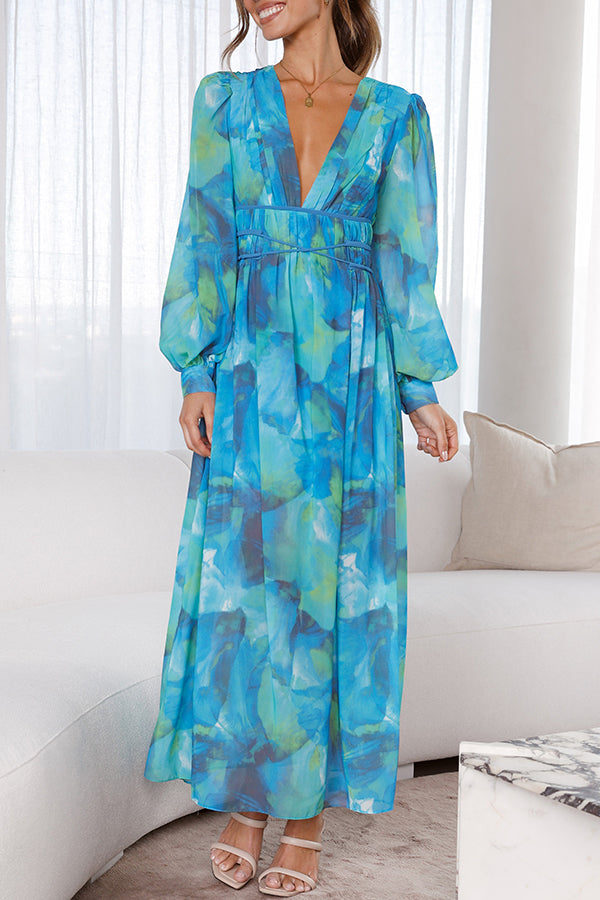 Kayla Blue Floral Bubble Long Sleeve Maxi Dress