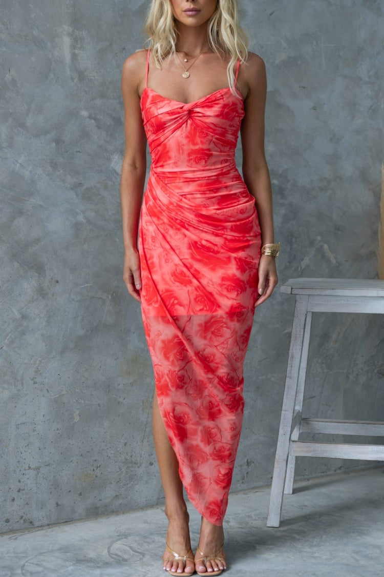 Robe longue extensible en maille à imprimé floral et détails froncés torsadés avec ourlet irrégulier
