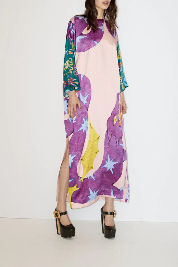 ARTISTIC NATURE SATIN UNIQUE PRINT CONTRAST SLIT RELAXED VACATION MAXI DRESS
