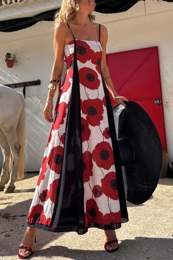 Robe longue plissée à bretelles et imprimé floral