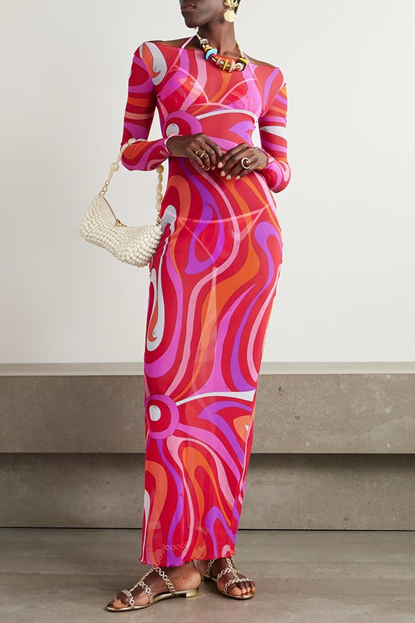 Junea Satin Polka Dot Unique Print Ring Halter Slit Midi Top and Elastic Waist Pocket Pants Set