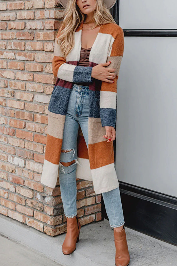 Multicolor Knitted Color Block Open Front Long Cardigan