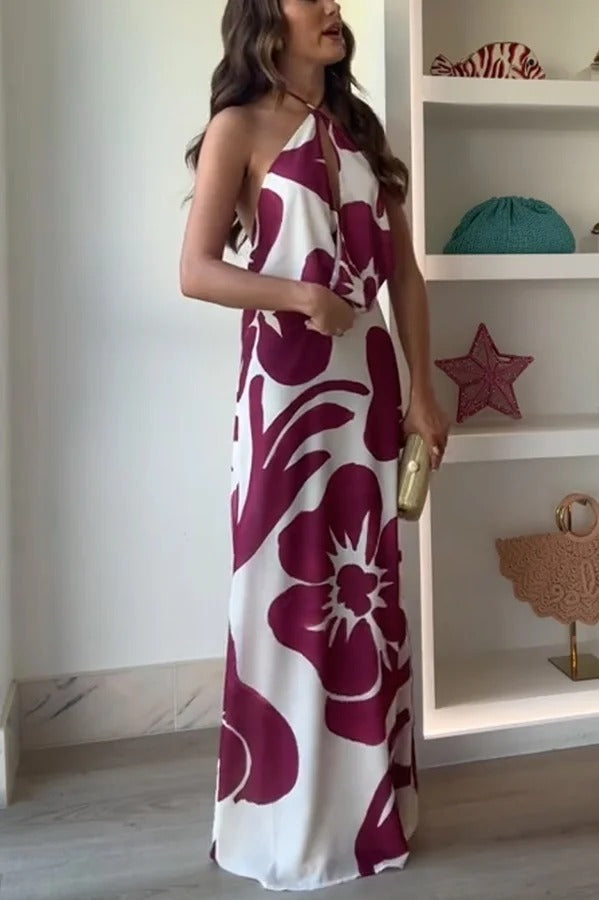 Robe longue dos nu à imprimé fleuri Leslie, col bénitier et découpes
