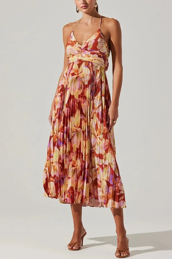Robe mi-longue plissée à imprimé floral et à nouer dans le dos pour la saison des fêtes de mariage