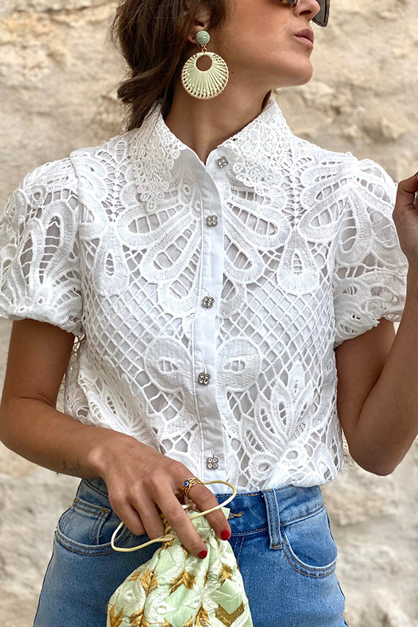 Lush and Lovely Crochet Lace Puff Sleeves Button Up Blouse
