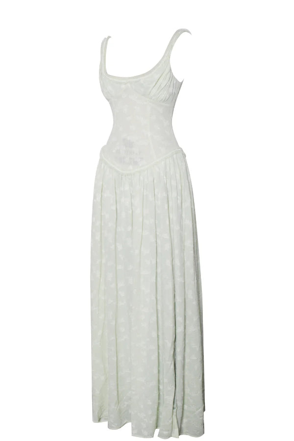 Ulissa – Hellgrünes Maxikleid mit Jacquard-Struktur und quadratischem Ausschnitt und hohem Schlitz