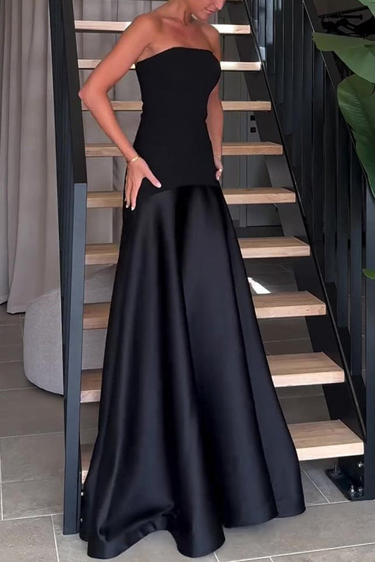 Robe longue évasée bustier en satin patchwork à l'élégance intemporelle