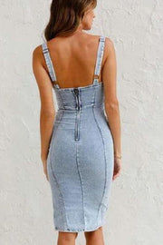 This Seasons Staple Denim Adjustable Straps Zip-up Firm Stretch Midi Dress