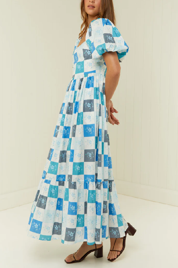 Blue Square Print Puff Sleeve Flat Collar Waist Long Dress