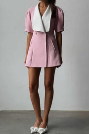 Stylish Contrast Lapel Backless Bow Shirt Style Pocket Mini Dress