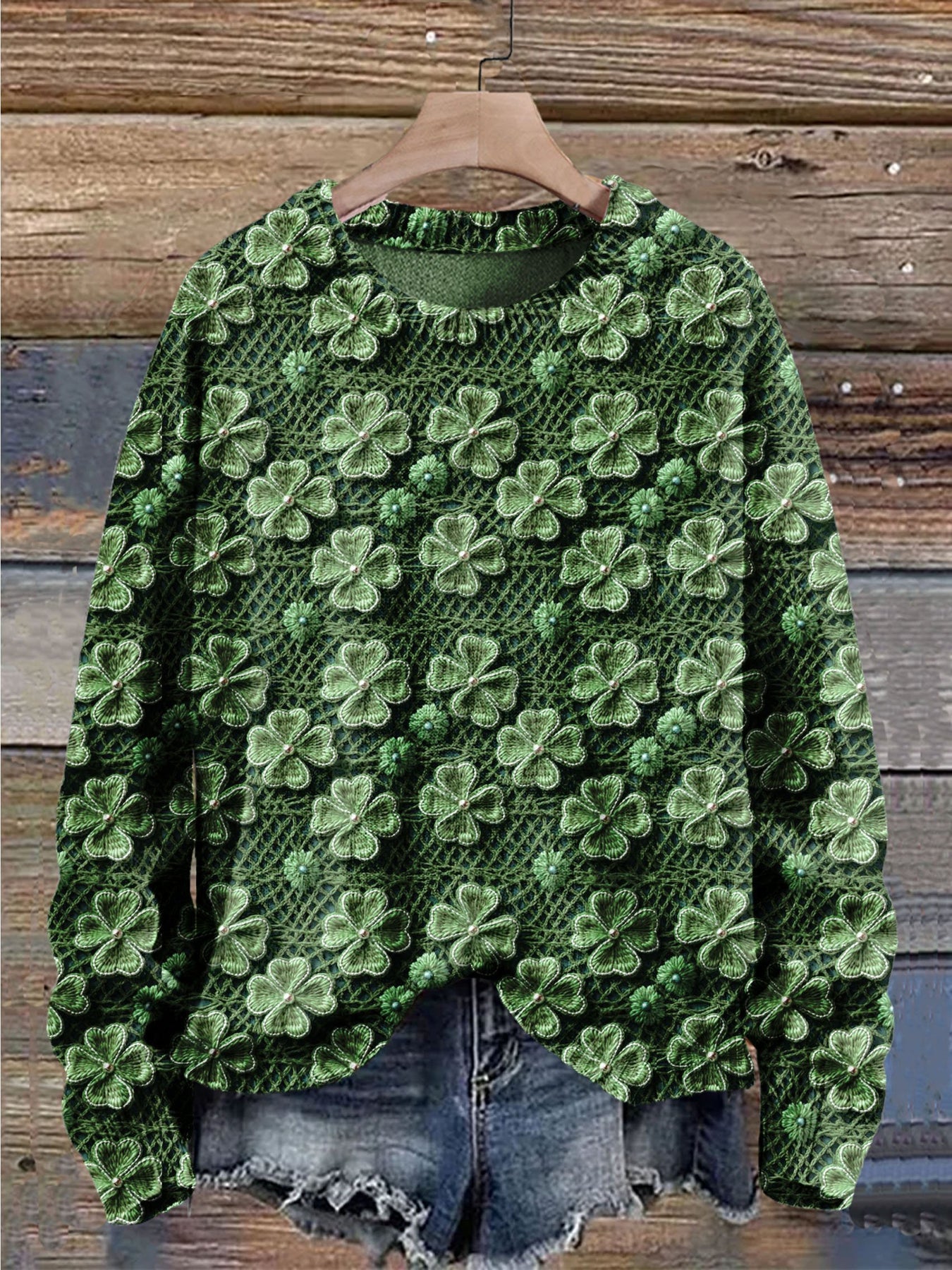 St. Patrick's Day Four Leaf Clover Art Print Knit Pullover Sweater