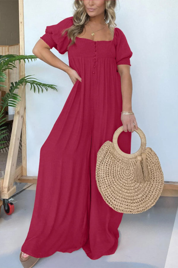2024 NEW SQUARE NECKLINE JUMPSUIT WITH SMOCKED BODICE BUTTON (BUY 2 FREE SHIPPING)