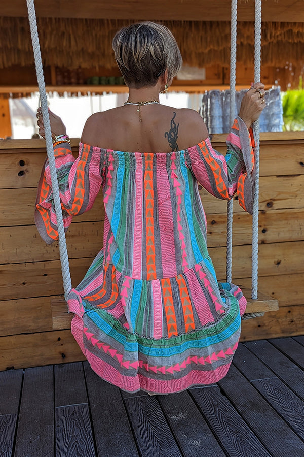 Robe courte ample à épaules dénudées et imprimé ethnique en lin mélangé Friendly Shores