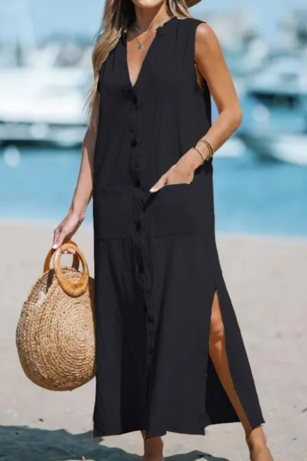 Cotton And Linen Sleeveless Solid Loose V-neck Maxi Dress